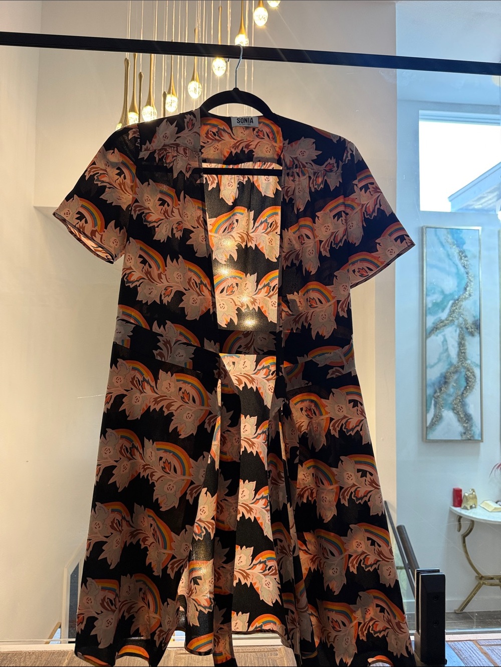 Sonia Rykiel Black Floral Rainbow-Print Short Sleeve Dress